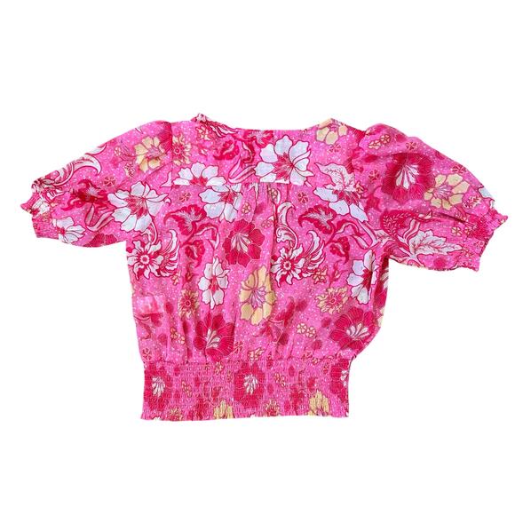 Joie Semi Sheer Pink Floral Top Womens Sz Medium Smocked Waist Cottagecore Boho - Picture 4 of 12
